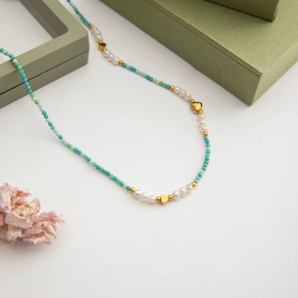 Freshwater Pearl & Blue Stone Heart Necklace - Image 2